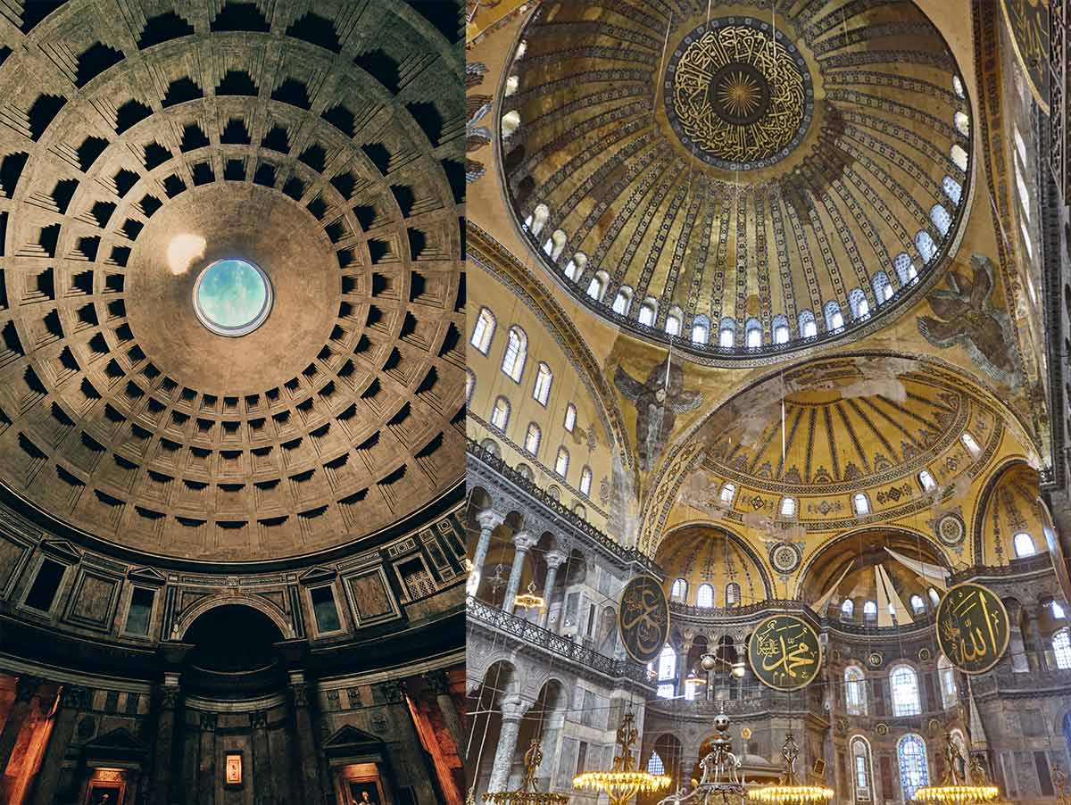 Comparison of the domes of Hagia Sophia in Istanbul and the Pantheon in Rome