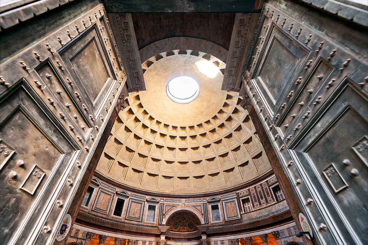 Interior view of the Pantheon dome and oculus in Rome