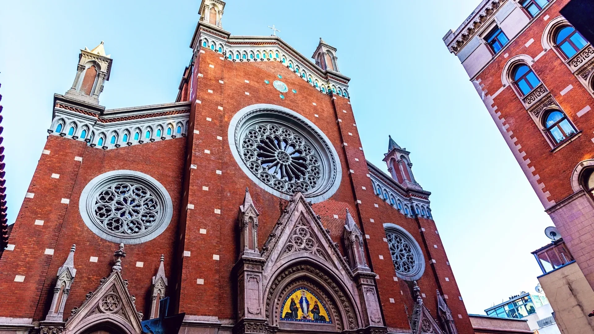 The Church of St. Anthony of Padua on Istiklal Street, known for its red-brick facade and Gothic-inspired architecture.