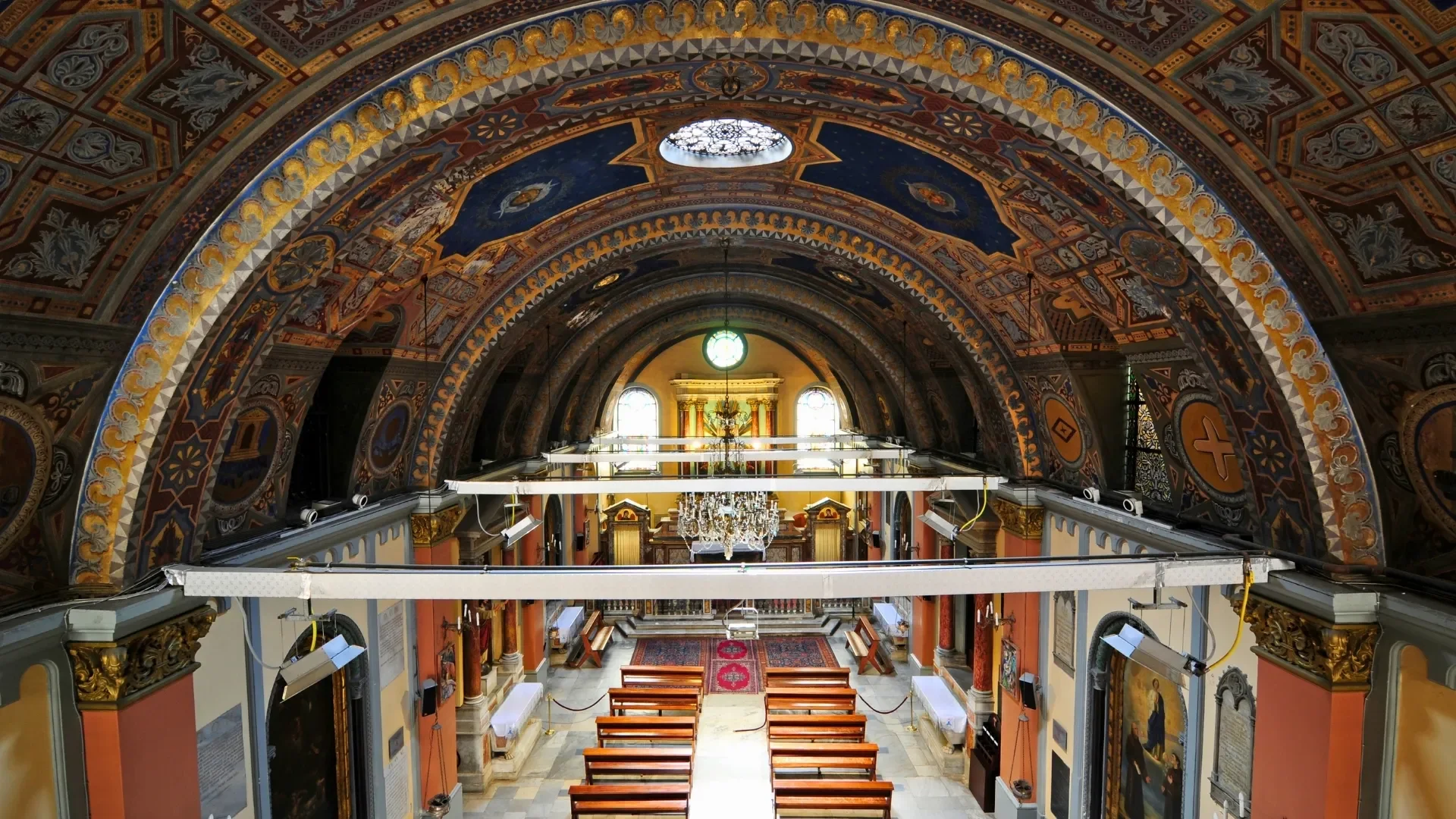 Decorated arches and sacred artwork inside an active church on Istanbul’s historic church route.