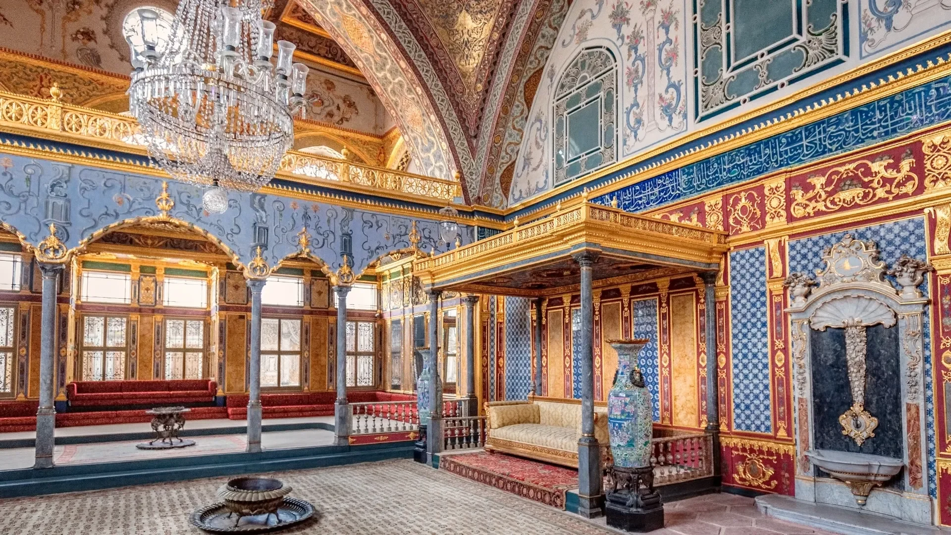 Ottoman Harem interior at Topkapi Palace: See the richly decorated chambers of the Topkapi Palace Harem, known for its Ottoman tiles, painted domes, and imperial living spaces.