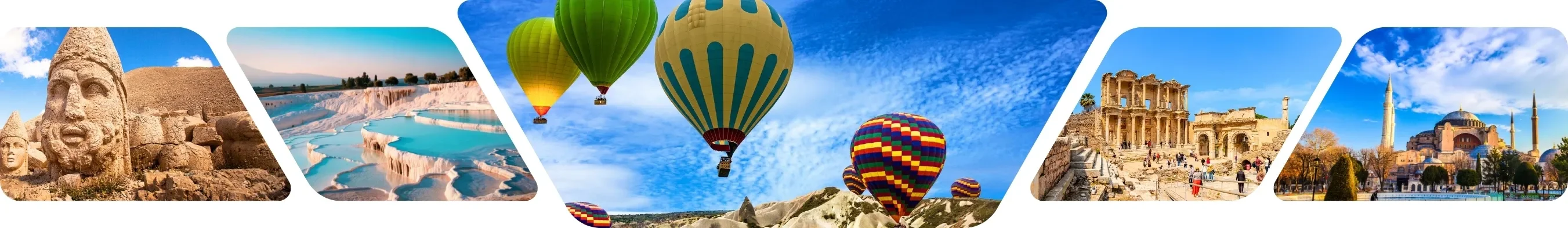A stunning collage displaying various buildings and mountains, including Istanbul, Pamukkale, and Cappadocia for tour listing page of Guided Istanbul Tours