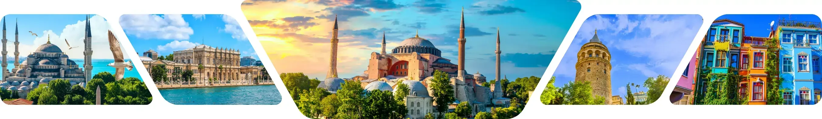 A stunning collage displaying various buildings and mountains, including Istanbul, Pamukkale, and Cappadocia for tour listing page of Guided Istanbul Tours