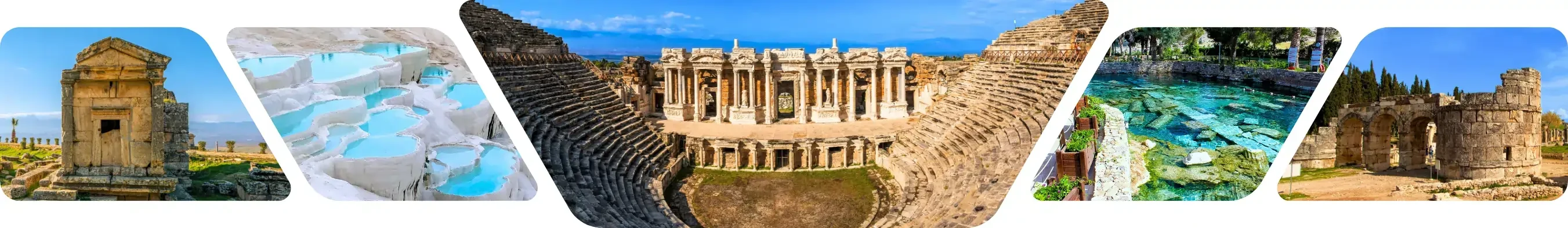 A stunning collage displaying various buildings and mountains, including Istanbul, Pamukkale, and Cappadocia for tour listing page of Guided Istanbul Tours