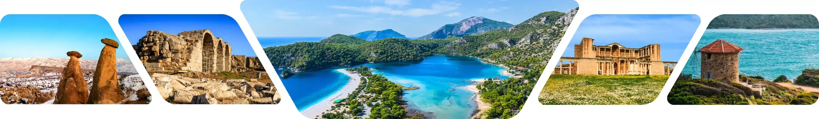 A stunning collage displaying various buildings and mountains, including Istanbul, Pamukkale, and Cappadocia for tour listing page of Guided Istanbul Tours