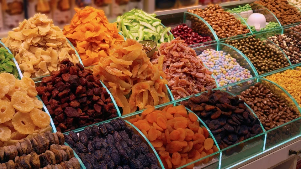 Turkish delight and spices displayed inside the Spice Market in Istanbul
